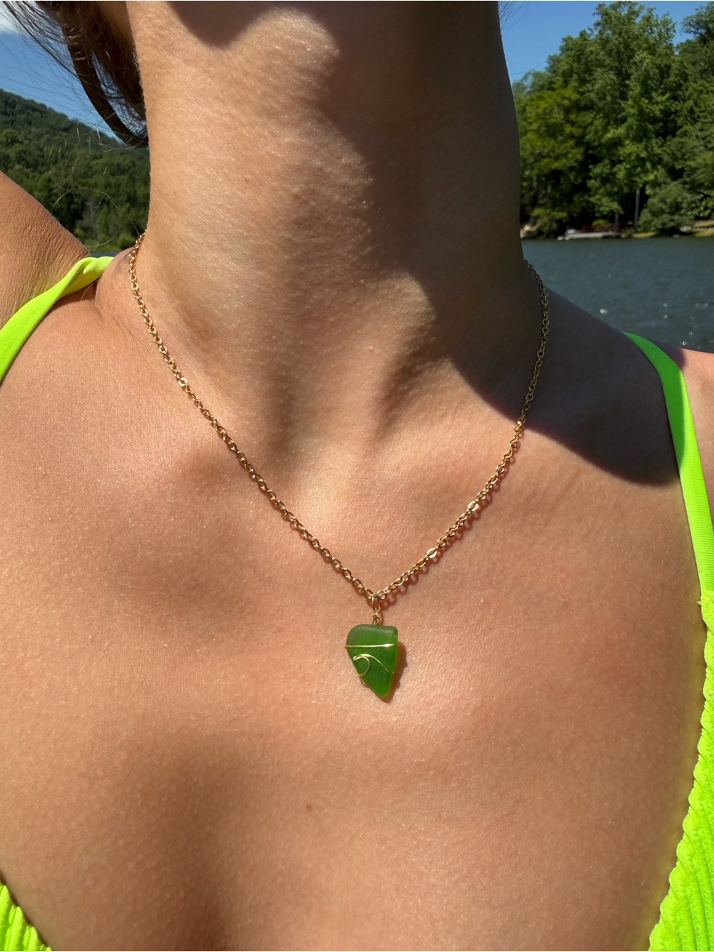 Handmade Gold Wave Wire Wrapped Green Sea Glass Necklace